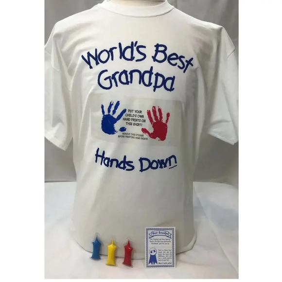 Words Best grandpa white T shirt Sz L with painting kit yellow, red & blue hand - Picture 2 of 7